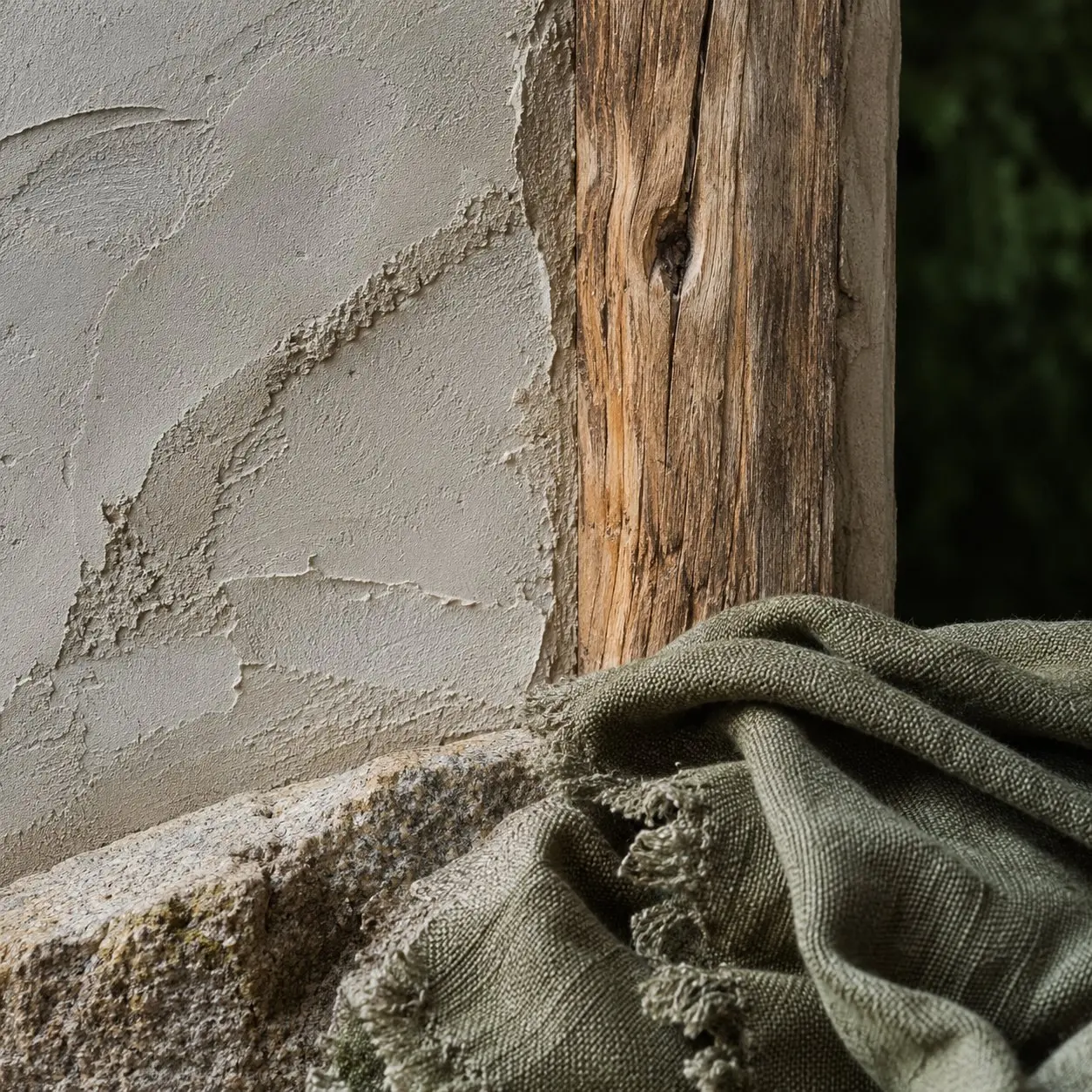 Detalle de materialidad: muro, madera y lino