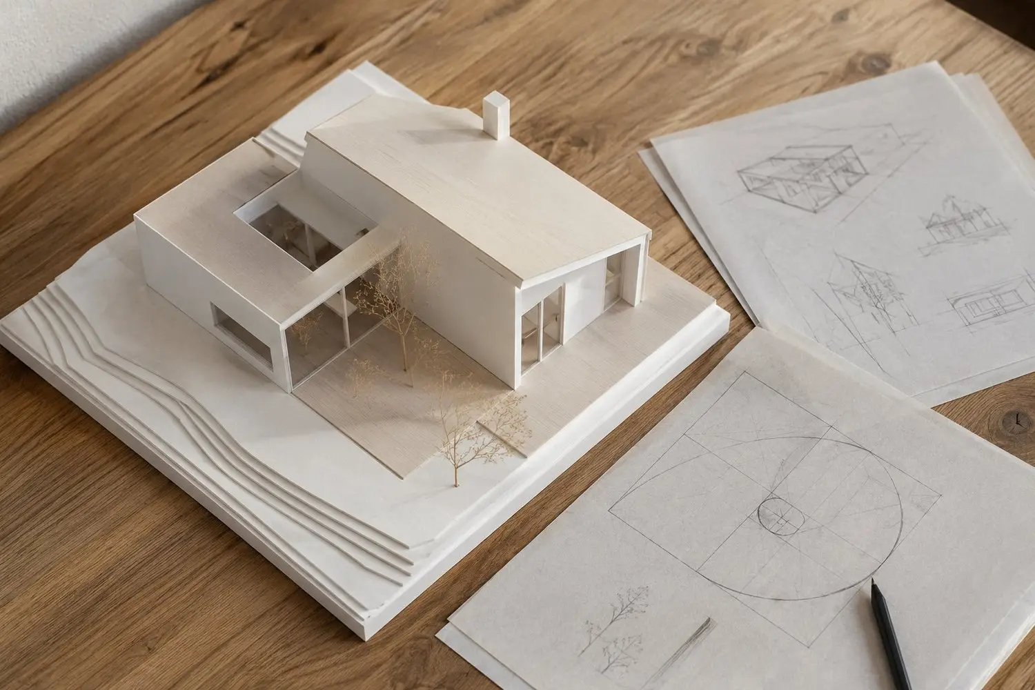 Maqueta arquitectónica y bocetos con trazado de la espiral áurea