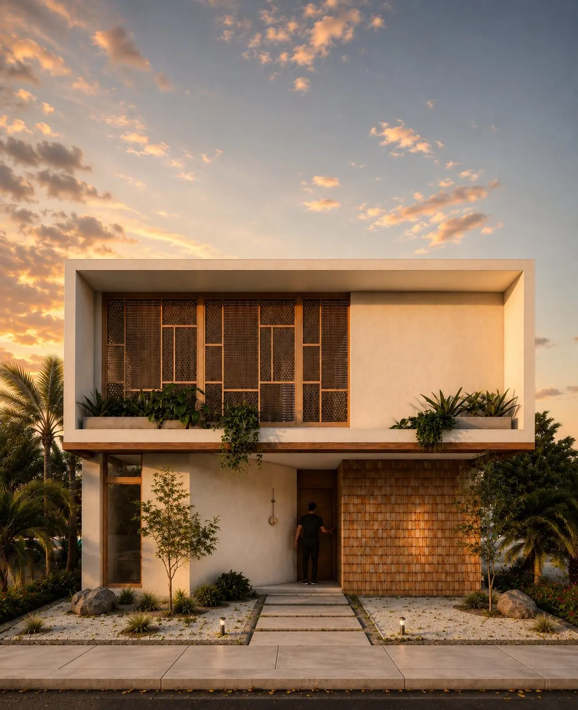 Casa Amawi — sala, cocina y vacío de escalera